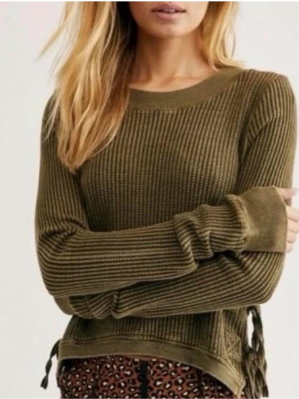 FREE PEOPLE Interlaken Waffle Top Shirt Green Size Small
